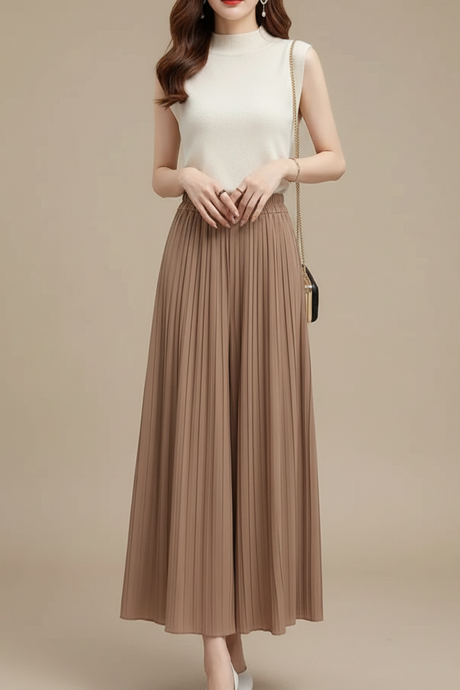 Pantalon Marron Plissé Ample Fluide Élégant - Polyester