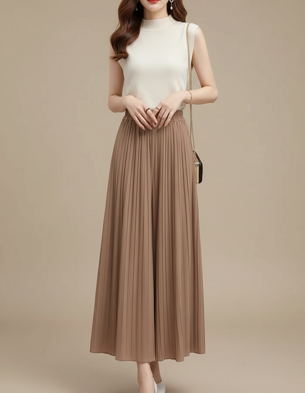 Pantalon Marron Plissé Ample Fluide Élégant - Polyester