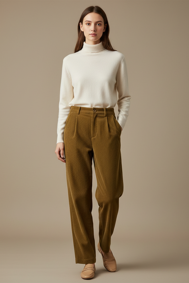 Pantalon Marron Côtelé Droit Taille Haute Vintage - Kaki Cordé