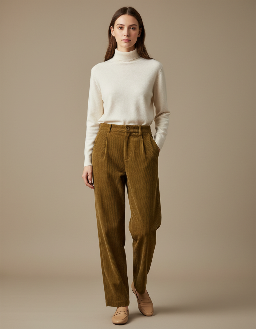 Pantalon Marron Côtelé Droit Taille Haute Vintage - Kaki Cordé