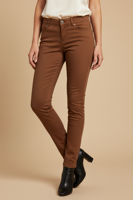 Pantalon Marron Slim Coton Taille Moyenne Élégant Femme - Gabardine