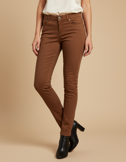Pantalon Marron Slim Coton Taille Moyenne Élégant Femme - Gabardine