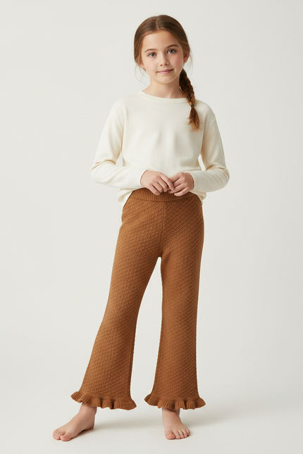 Pantalon Marron Tricoté Évasé Volants Confortable Enfant - Maille