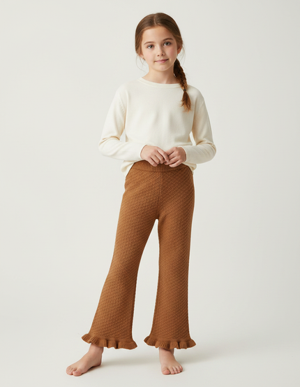Pantalon Marron Tricoté Évasé Volants Confortable Enfant - Maille