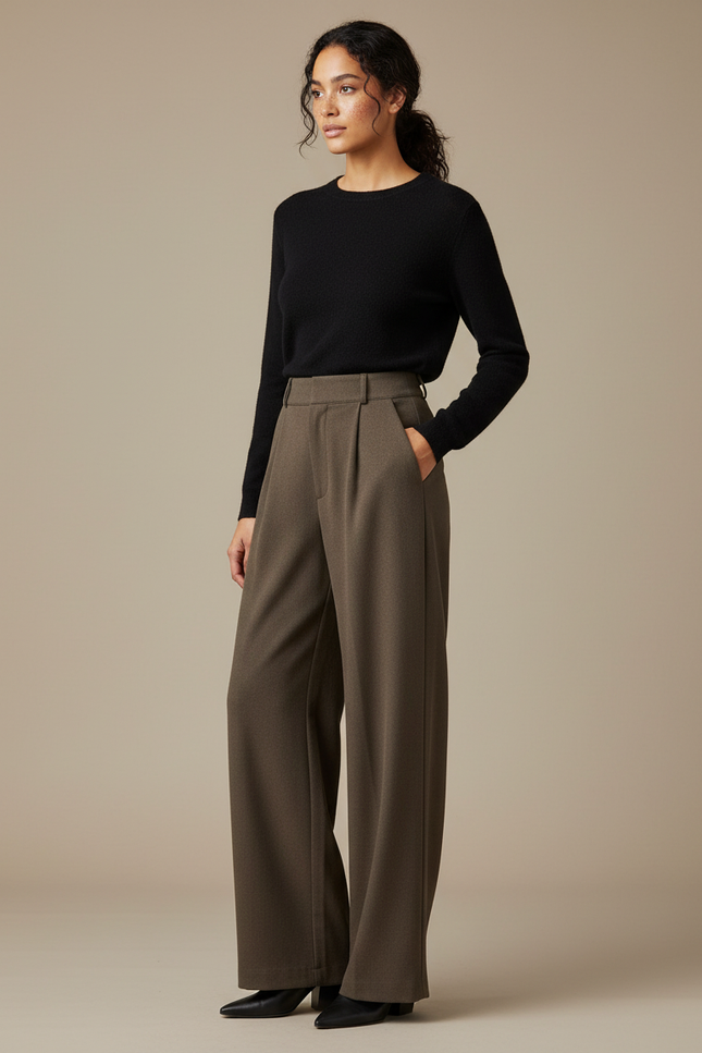 Pantalon Marron Laine Droit Plissé Ample Femme