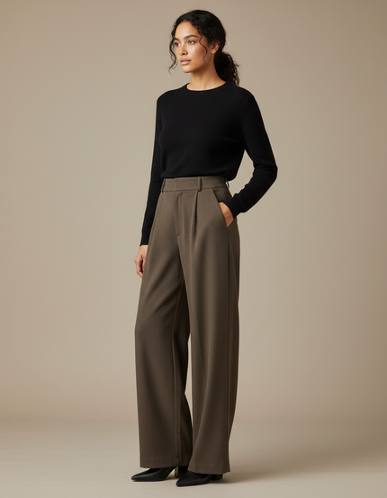 Pantalon Marron Laine Droit Plissé Ample Femme