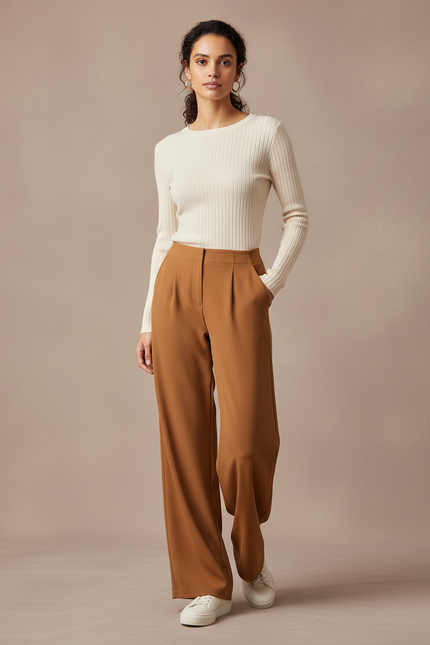 Pantalon Marron Taille Haute Ample Plissé Élégant - Polyester