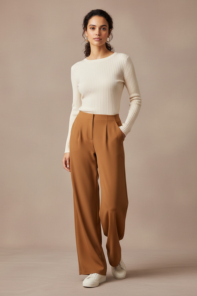 Pantalon Marron Taille Haute Ample Plissé Élégant - Polyester