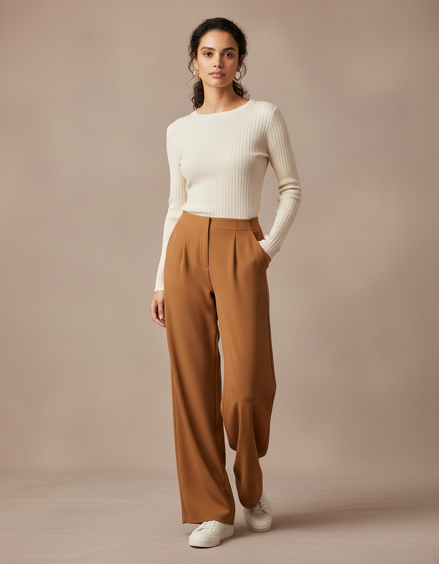 Pantalon Marron Taille Haute Ample Plissé Élégant - Polyester
