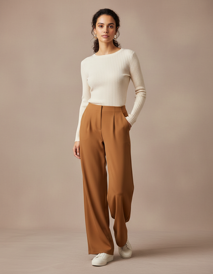 Pantalon Marron Taille Haute Ample Plissé Élégant - Polyester