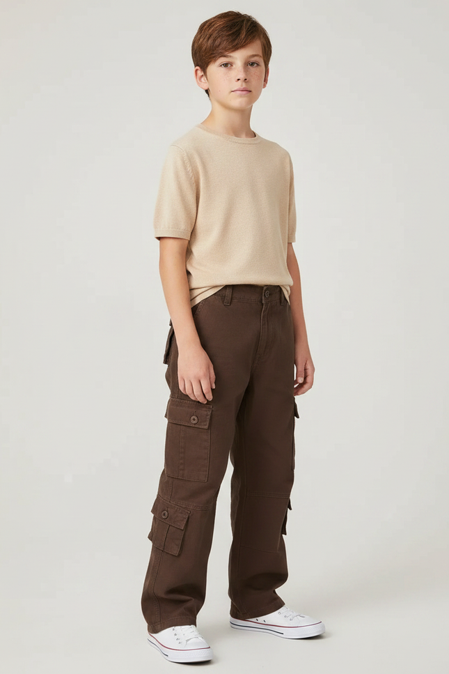 Pantalon Marron Cargo Ample Multi-Poches Garçon - Coton