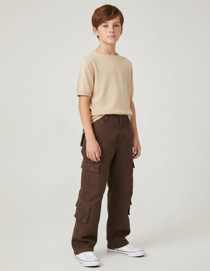 Pantalon Marron Cargo Ample Multi-Poches Garçon - Coton