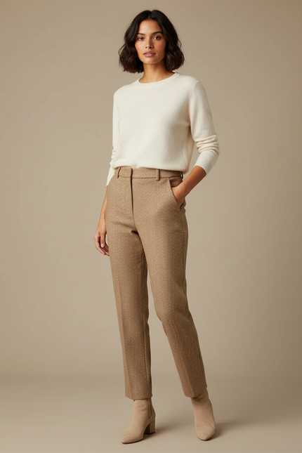 Pantalon Marron Texturé Droit Élégant Décontracté - Camel Tweed