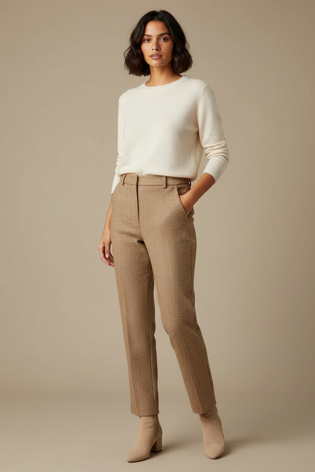 Pantalon Marron Texturé Droit Élégant Décontracté - Camel Tweed