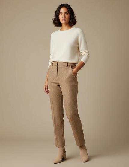 Pantalon Marron Texturé Droit Élégant Décontracté - Camel Tweed