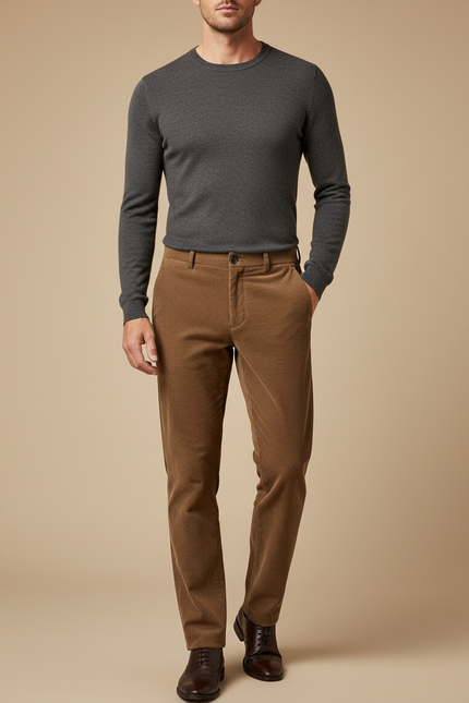 Pantalon Marron Côtelé Droit Élégant Homme Décontracté - Camel Cordé