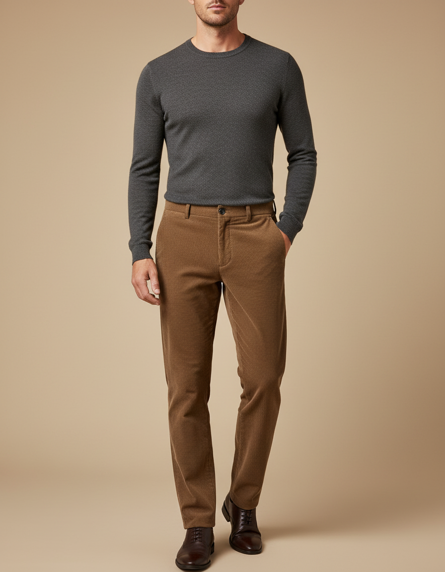 Pantalon Marron Côtelé Droit Élégant Homme Décontracté - Camel Cordé