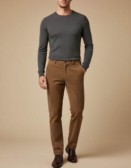 Pantalon Marron Côtelé Droit Élégant Homme Décontracté - Camel Cordé
