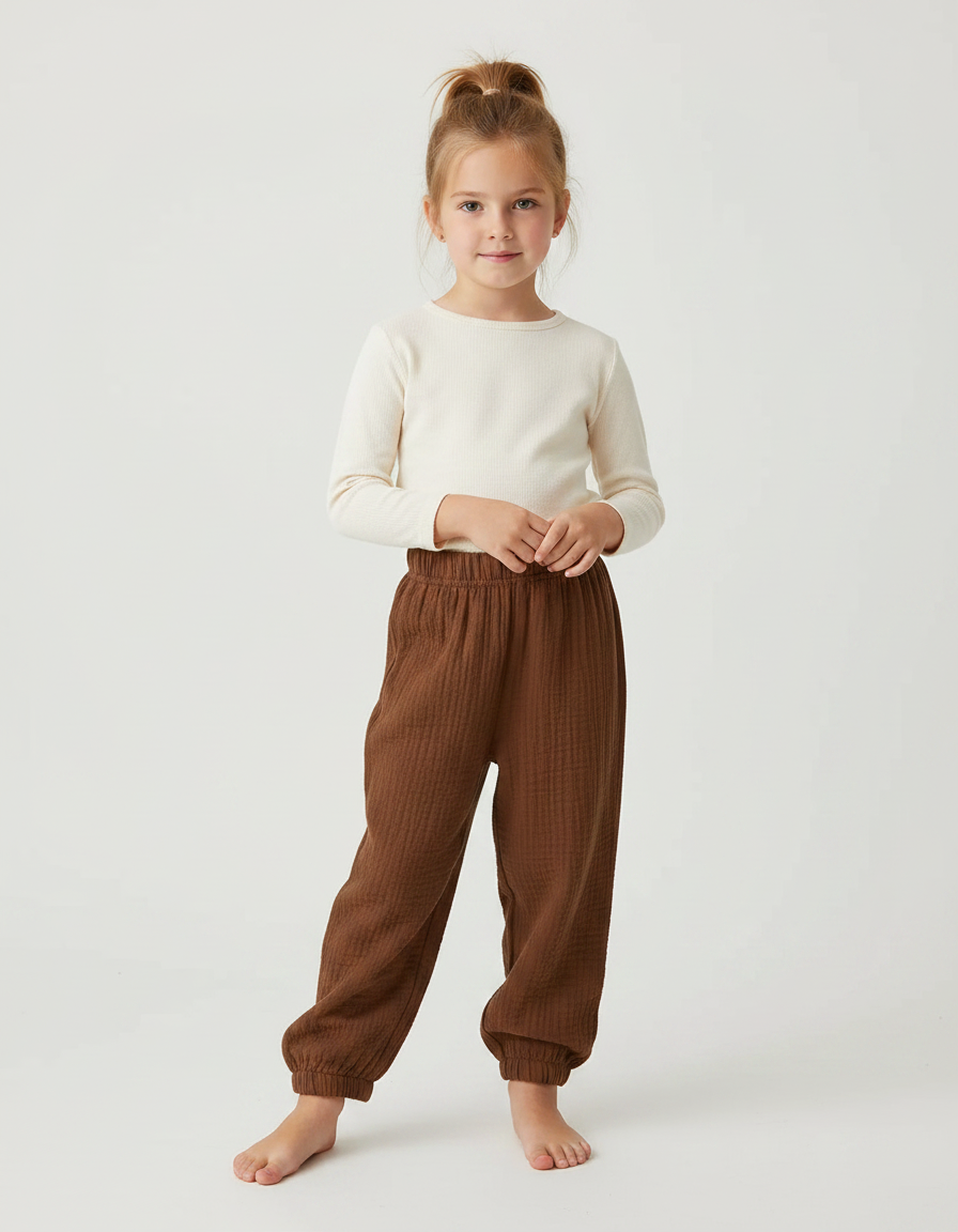 Pantalon Marron Coton Gaufré Ample Enfant
