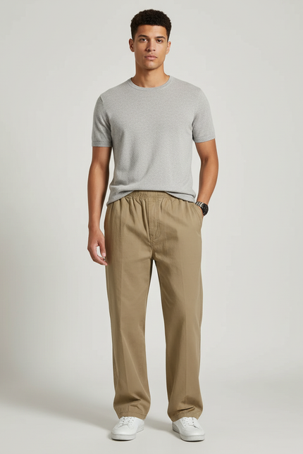 Pantalon Marron Ample Coton Élastiqué Décontracté Homme - Kaki