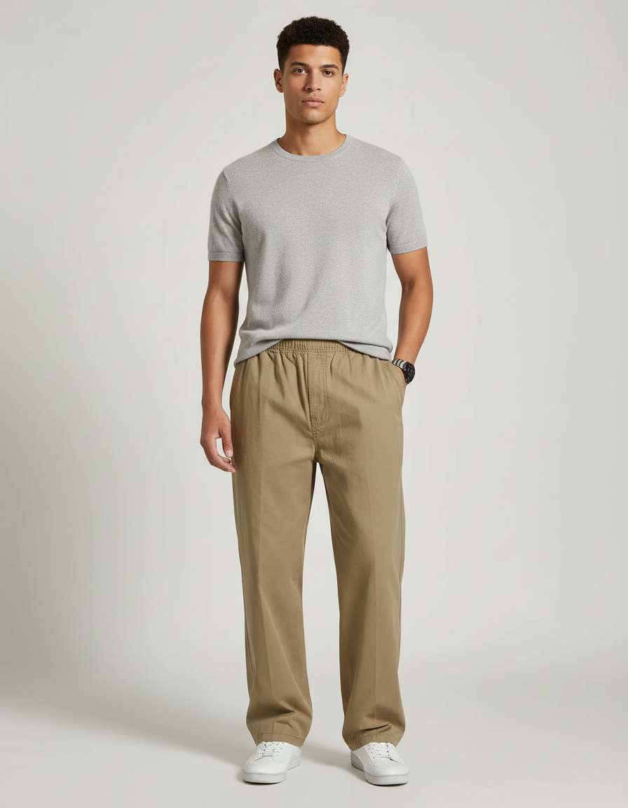 Pantalon Marron Ample Coton Élastiqué Décontracté Homme - Kaki