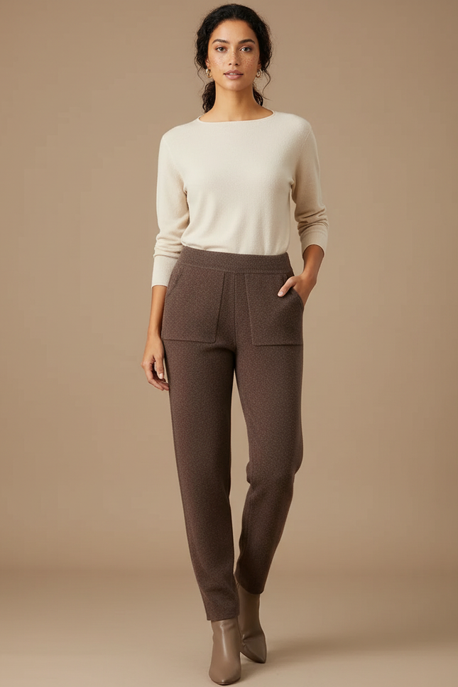 Pantalon Marron Laine Tricoté Confortable Élégant Femme