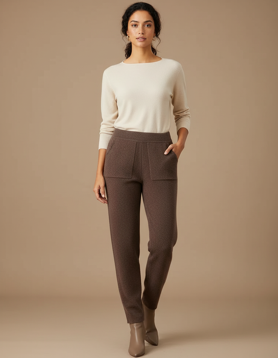 Pantalon Marron Laine Tricoté Confortable Élégant Femme