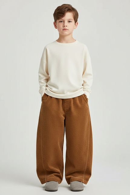 Pantalon Marron Ample Côtelé Décontracté Élastiqué Enfant - Cordé