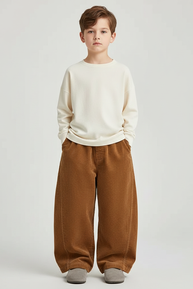 Pantalon Marron Ample Côtelé Décontracté Élastiqué Enfant - Cordé