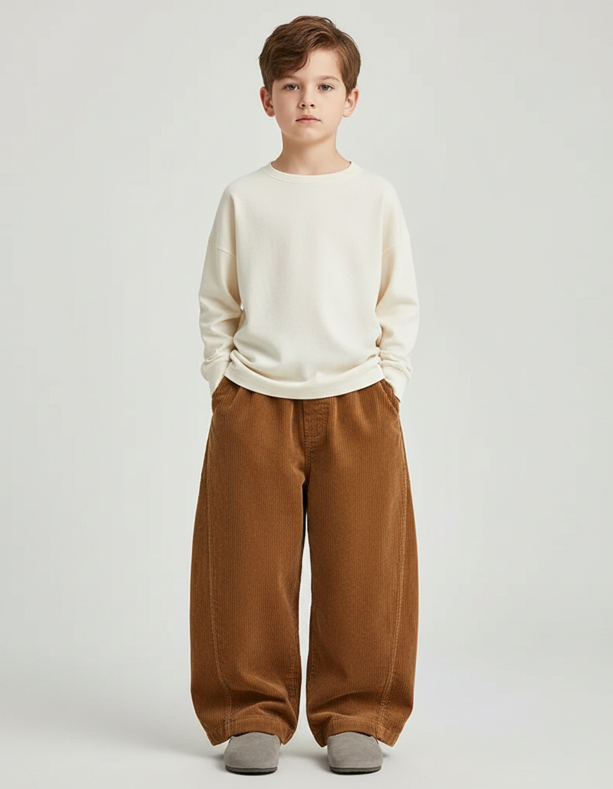 Pantalon Marron Ample Côtelé Décontracté Élastiqué Enfant - Cordé