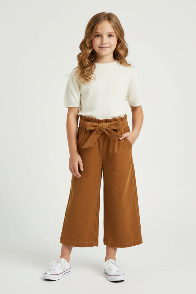 Pantalon Marron Ample Coton Taille Haute Enfant - Cordé