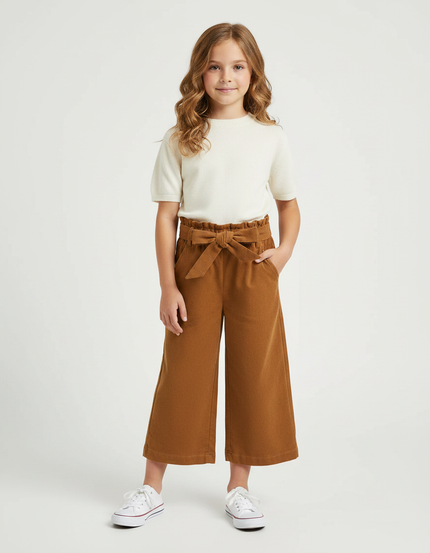 Pantalon Marron Ample Coton Taille Haute Enfant - Cordé
