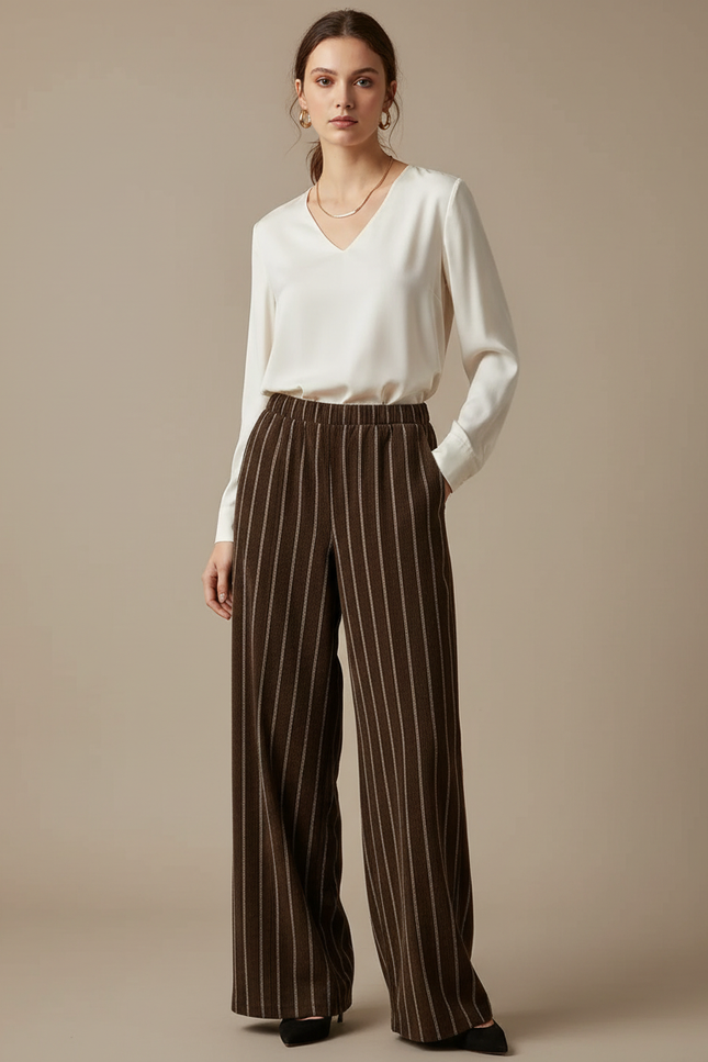 Pantalon Marron Large Rayé Élégant Taille Haute Fluide - Viscose