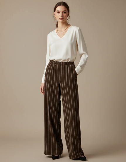 Pantalon Marron Large Rayé Élégant Taille Haute Fluide - Viscose