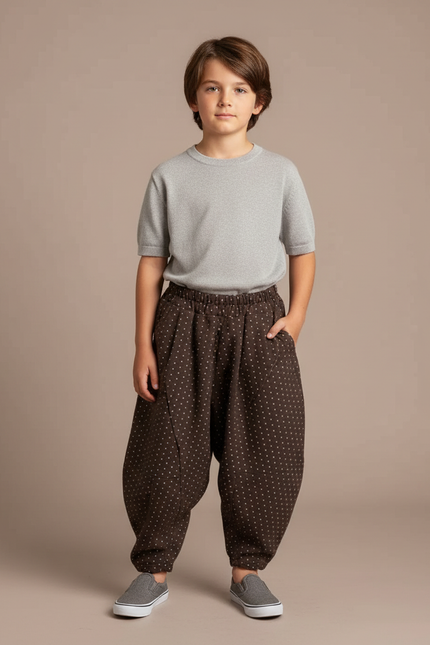 Pantalon Marron Ample Imprimé Points Confortable Garçon - Coton