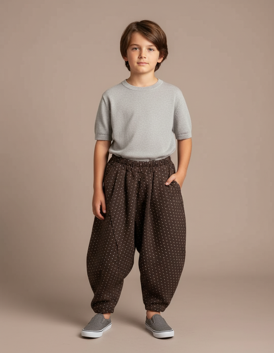 Pantalon Marron Ample Imprimé Points Confortable Garçon - Coton