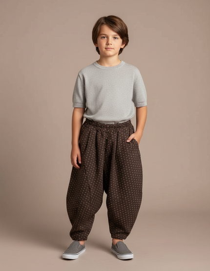 Pantalon Marron Ample Imprimé Points Confortable Garçon - Coton
