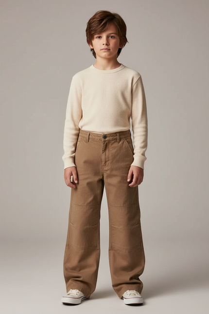 Pantalon Marron Ample Garçon Décontracté Coupe Droite - Toile