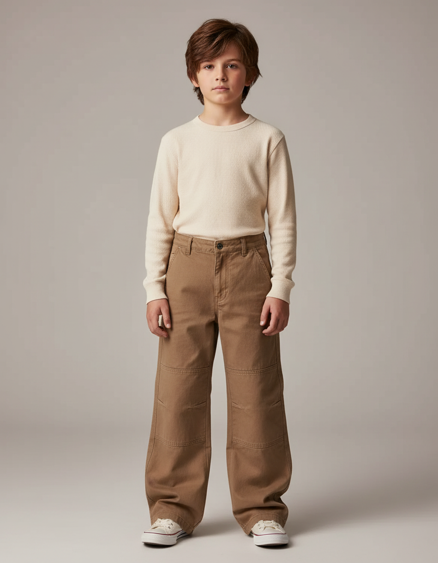 Pantalon Marron Ample Garçon Décontracté Coupe Droite - Toile