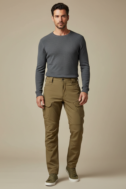 Pantalon Marron Cargo Multipoches Homme Décontracté Ajusté - Kaki Toile