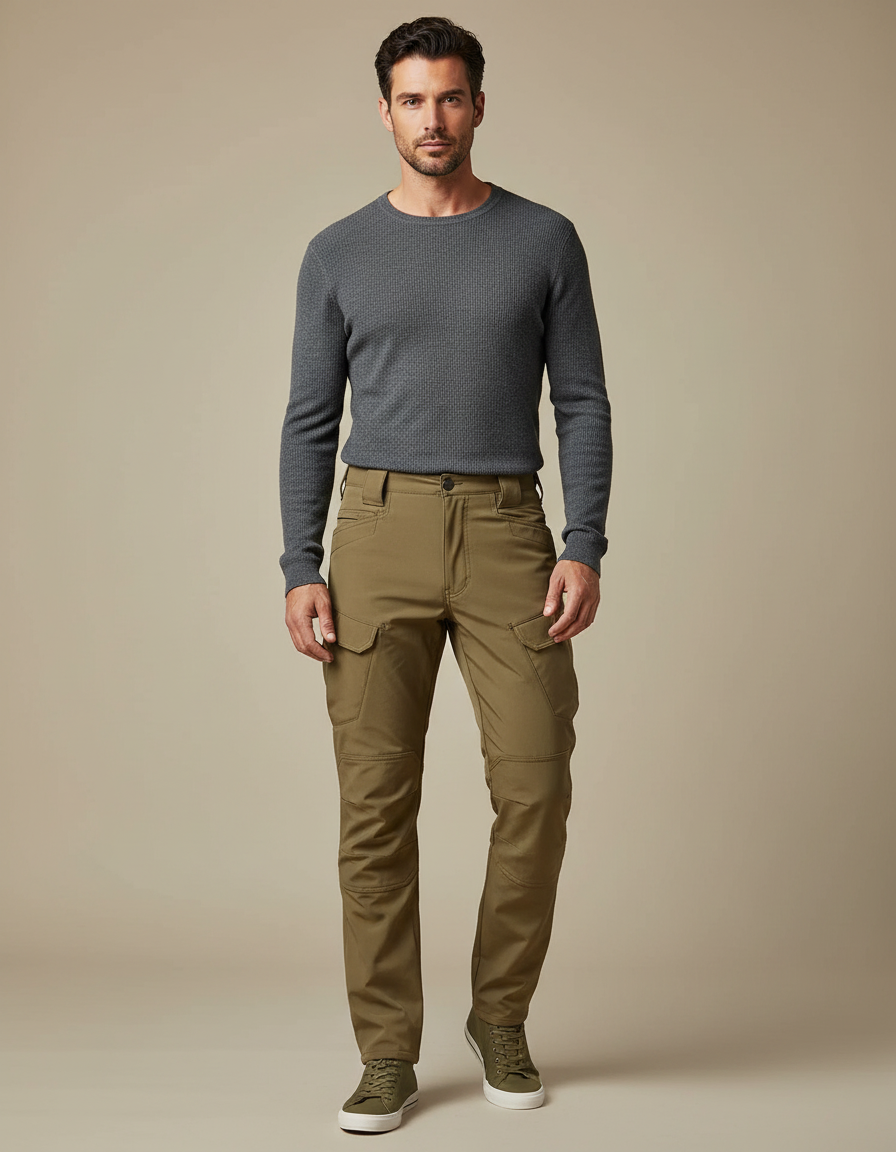 Pantalon Marron Cargo Multipoches Homme Décontracté Ajusté - Kaki Toile