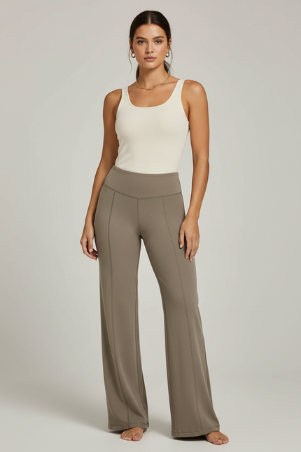 Pantalon Marron Taille Haute Évasé Confortable Yoga Femme - Kaki Maille