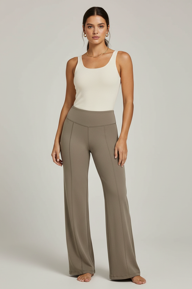 Pantalon Marron Taille Haute Évasé Confortable Yoga Femme - Kaki Maille