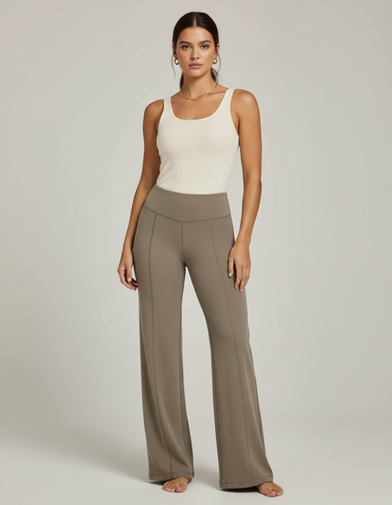 Pantalon Marron Taille Haute Évasé Confortable Yoga Femme - Kaki Maille