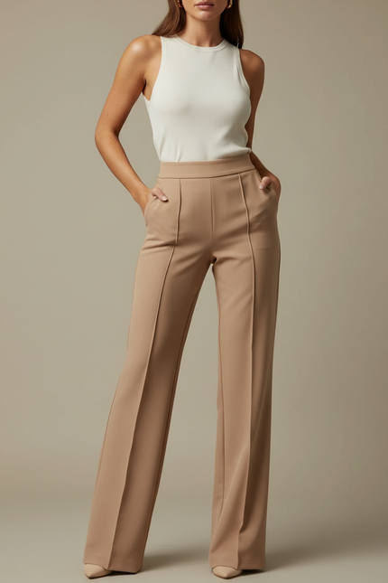 Pantalon Marron Taille Haute Flared Élégant Femme - Polyester