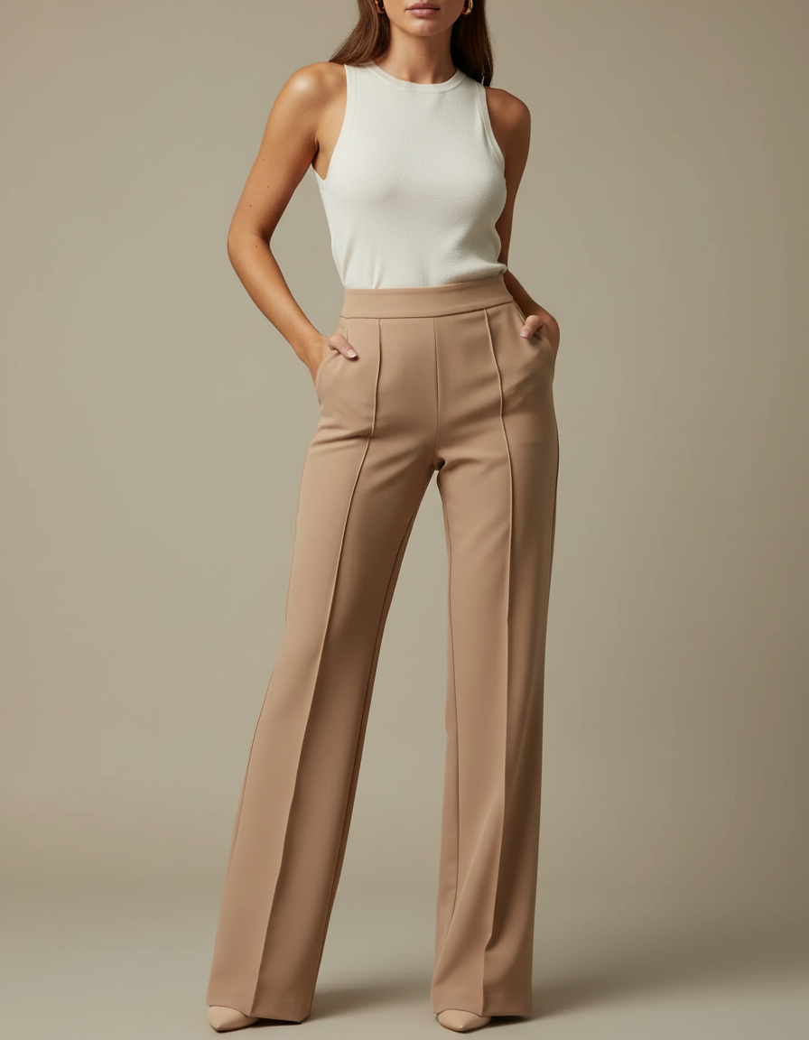 Pantalon Marron Taille Haute Flared Élégant Femme - Polyester