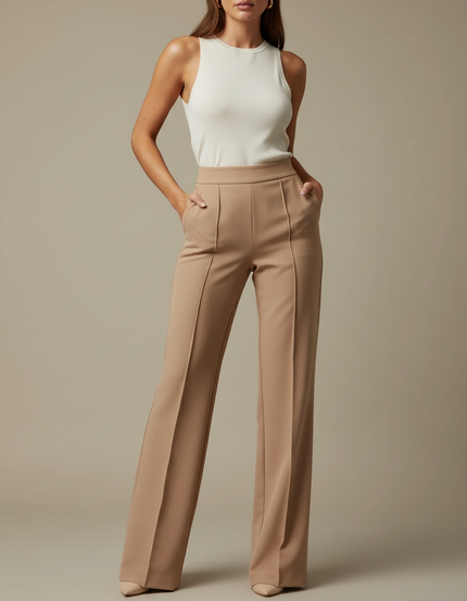 Pantalon Marron Taille Haute Flared Élégant Femme - Polyester