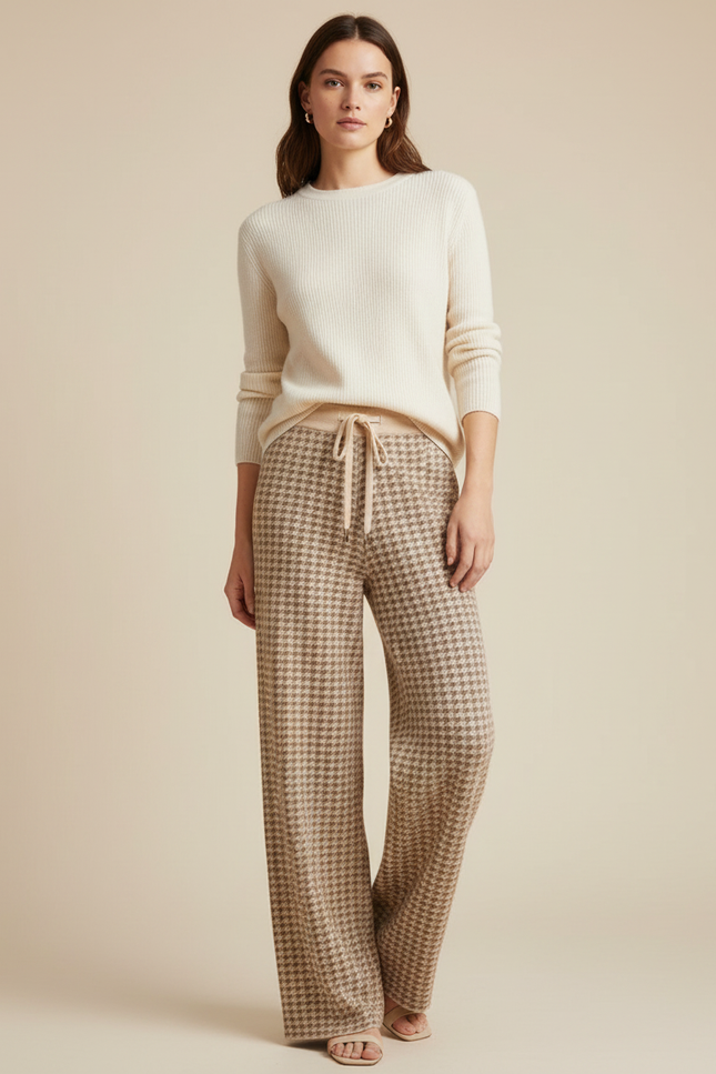 Pantalon Pied De Poule Marron - Maille
