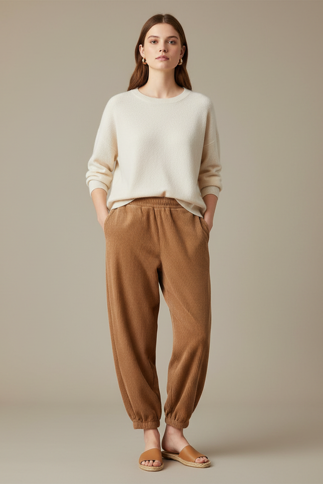 Pantalon Marron Côtelé Ample Élastique Décontracté - Cordé