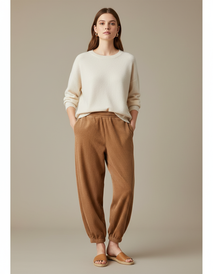 Pantalon Marron Côtelé Ample Élastique Décontracté - Cordé